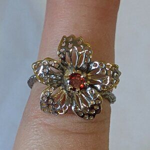 RING Handcrafted Flower Garnet 925 Size 7